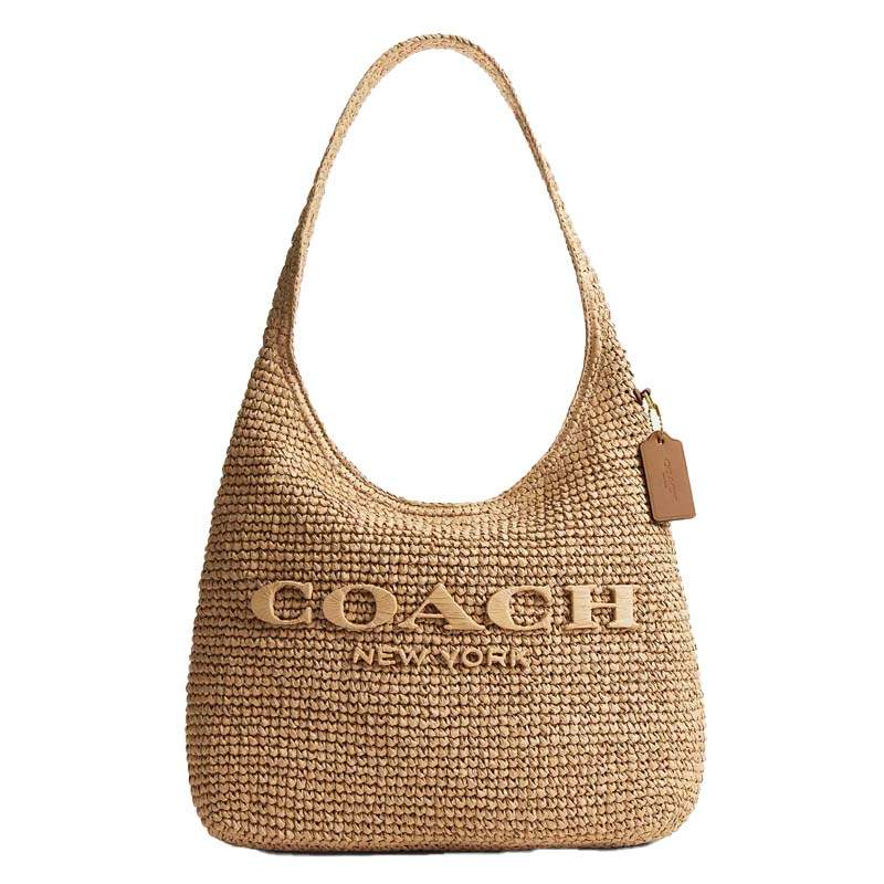 COACH Brooklyn Straw, Finely Crafted Calfskin Shoulder Bag Medium Women's Light Umber