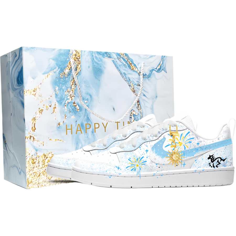 Nike Nike Court Borough Leather Anti Kick Cushioning Abrasion Resistant Low top Kids' Skateboarding Shoes White Blue Unisex