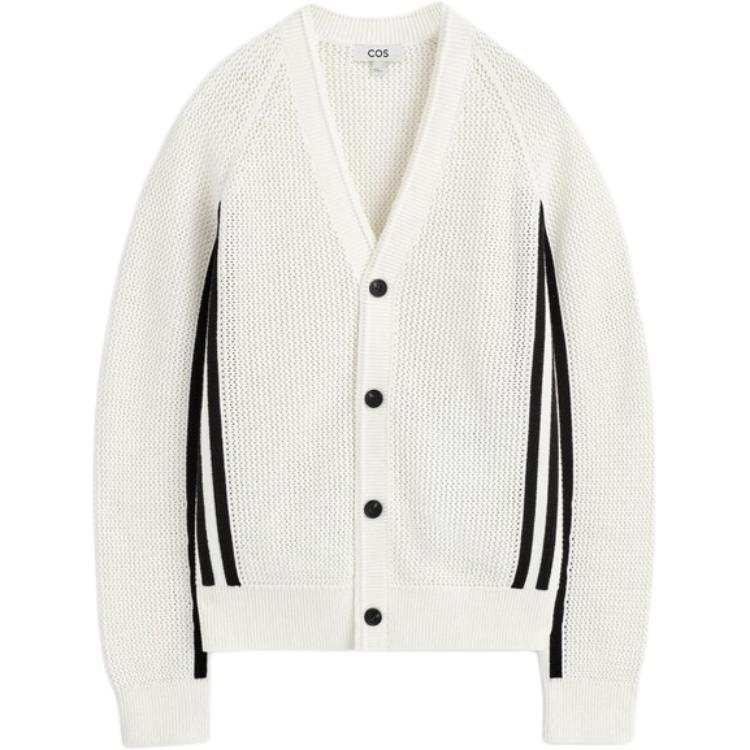 COS Knitwear Men's White/Black V Neck Moderate Cardigan