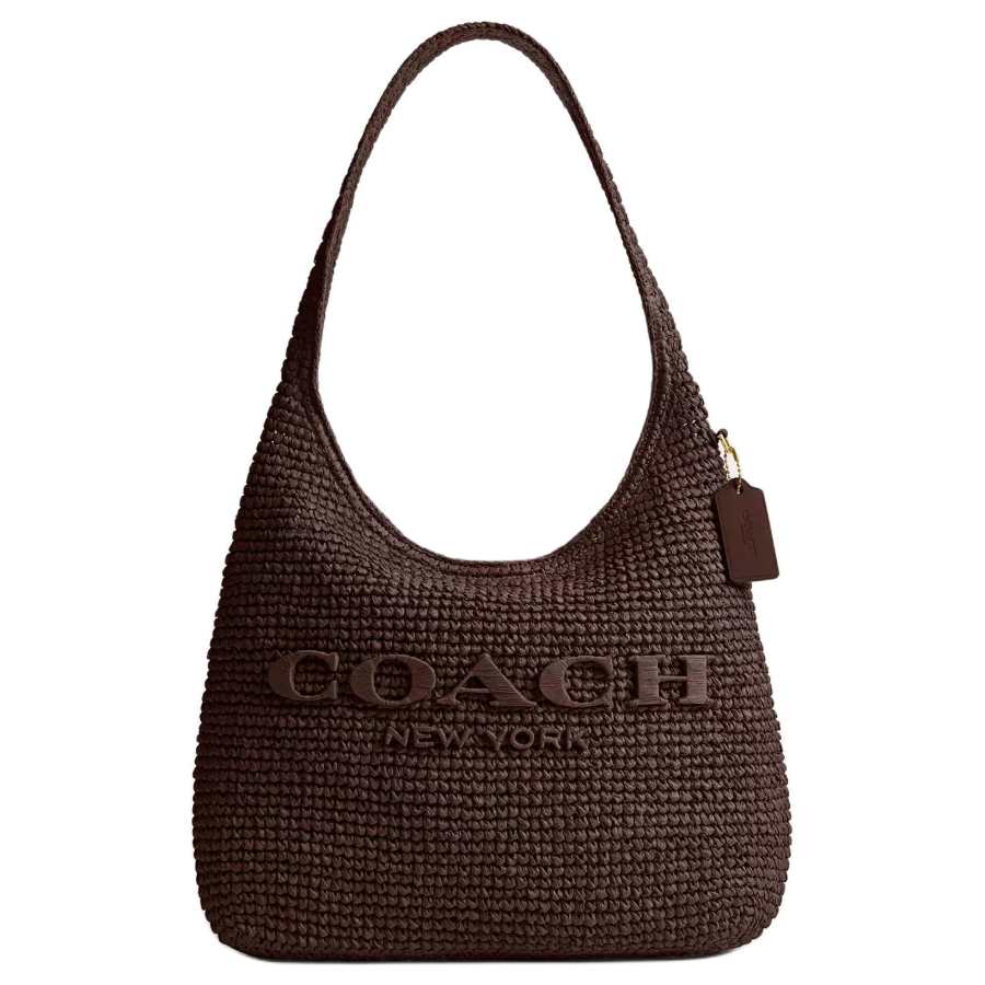 COACH Brooklyn Straw, Finely Crafted Calfskin Shoulder Bag Medium Women's Dark Brown