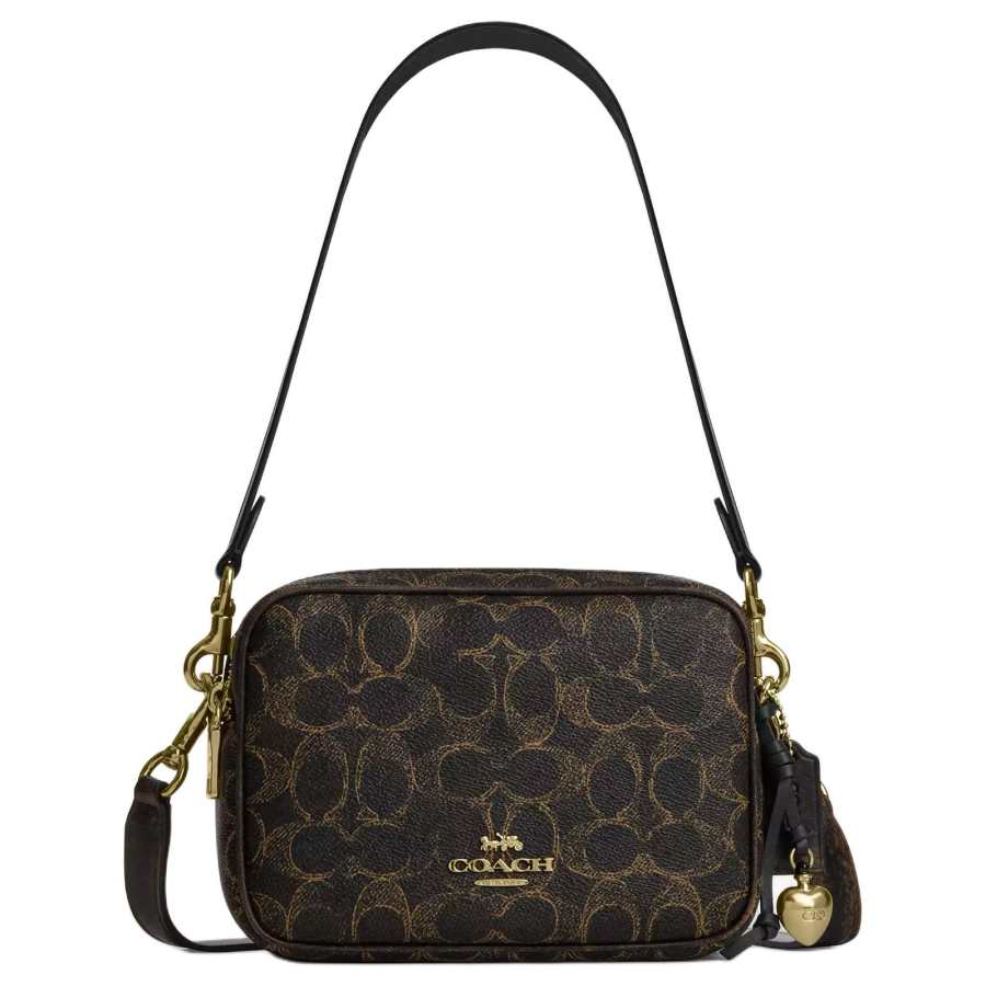 COACH Iconic Coated Canvas With Smooth Leather Shoulder Bag Small Women's Gold & Brown
