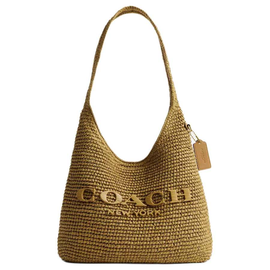 COACH Brooklyn Straw Woven With Calfskin Shoulder Bag Small Women's Olive