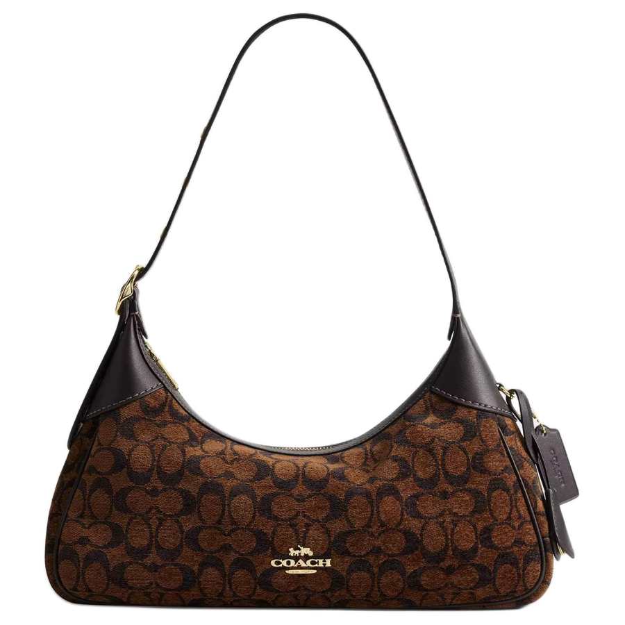 COACH Ella Fabric With Cow Leather Shoulder Bag Small Women's Gold & Truffle