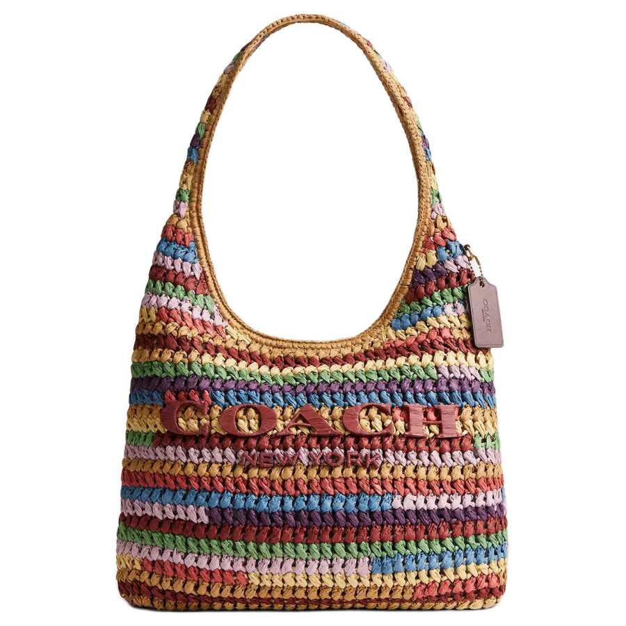 COACH Brooklyn Straw, Finely Crafted Calfskin Shoulder Bag Medium Women's Multicolor