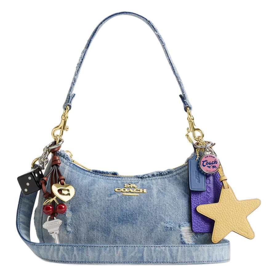 COACH Teri Denim With Leather And Calfskin Shoulder Bag Medium Women's Light Indigo