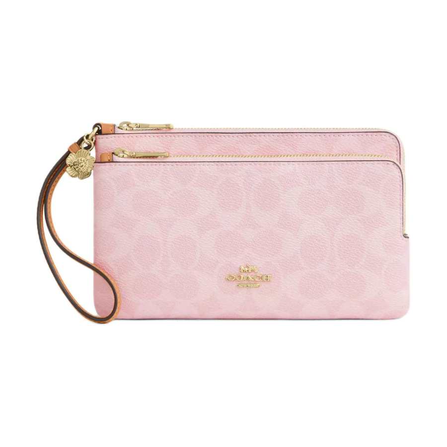 COACH Wristlet Signature Coated Canvas With Leather Wallet Women's Gold & Pink