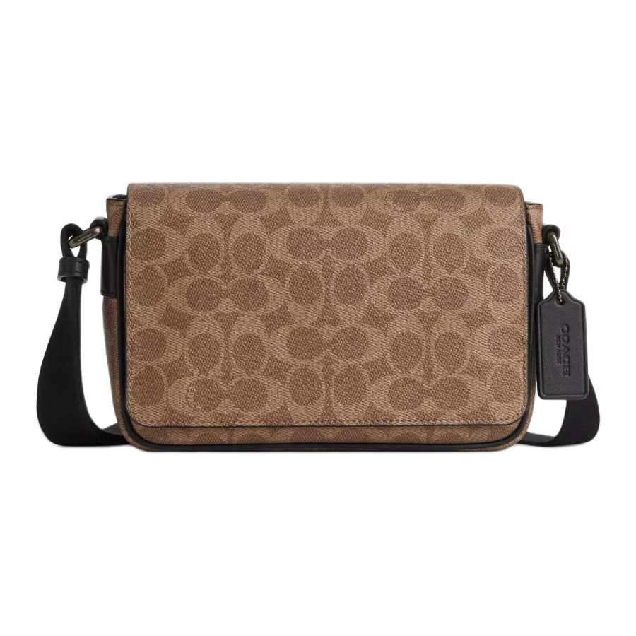 COACH Iconic Coated Canvas With Smooth Leather Crossbody Bags Small Men's Tan & Black