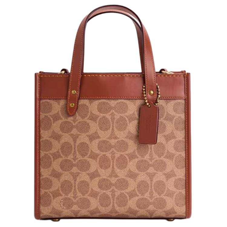 COACH Field Artificial Leather With Cow Leather Tote Handbag Small Women's Brown Yellow