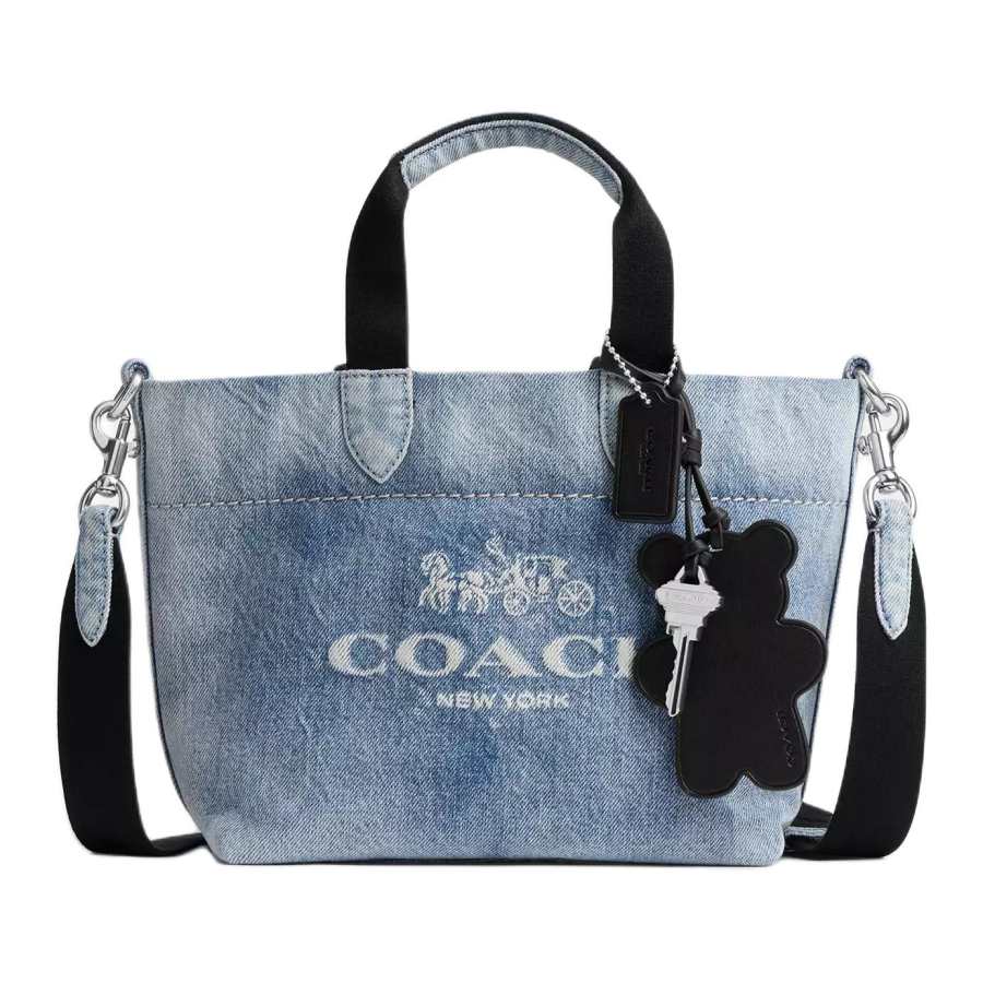 COACH Denim With Smooth Leather Tote One Shoulder Handbag Small Unisex Light Indigo