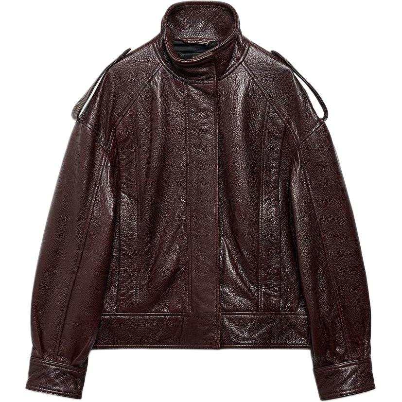ZARA ZW Leather Jackets Women's Dark Red Turtleneck Moderate