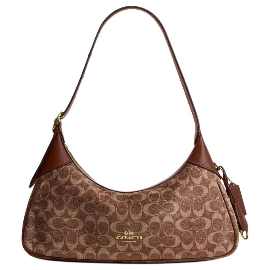 COACH Ella Velvet With Smooth Leather Handbag, Shoulder Bag Small Women's Light Khaki & Vintage Brown