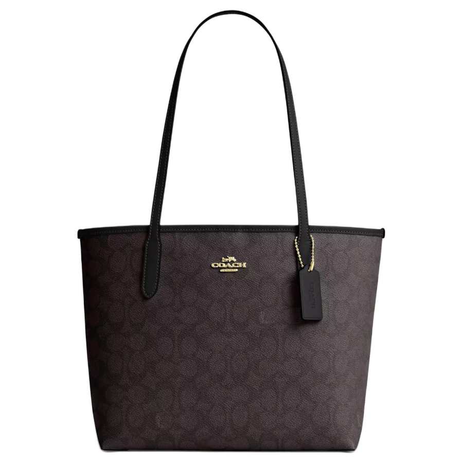 COACH City Coated Canvas Shoulder Bag Medium Women's Gold & Walnut Wood & Black