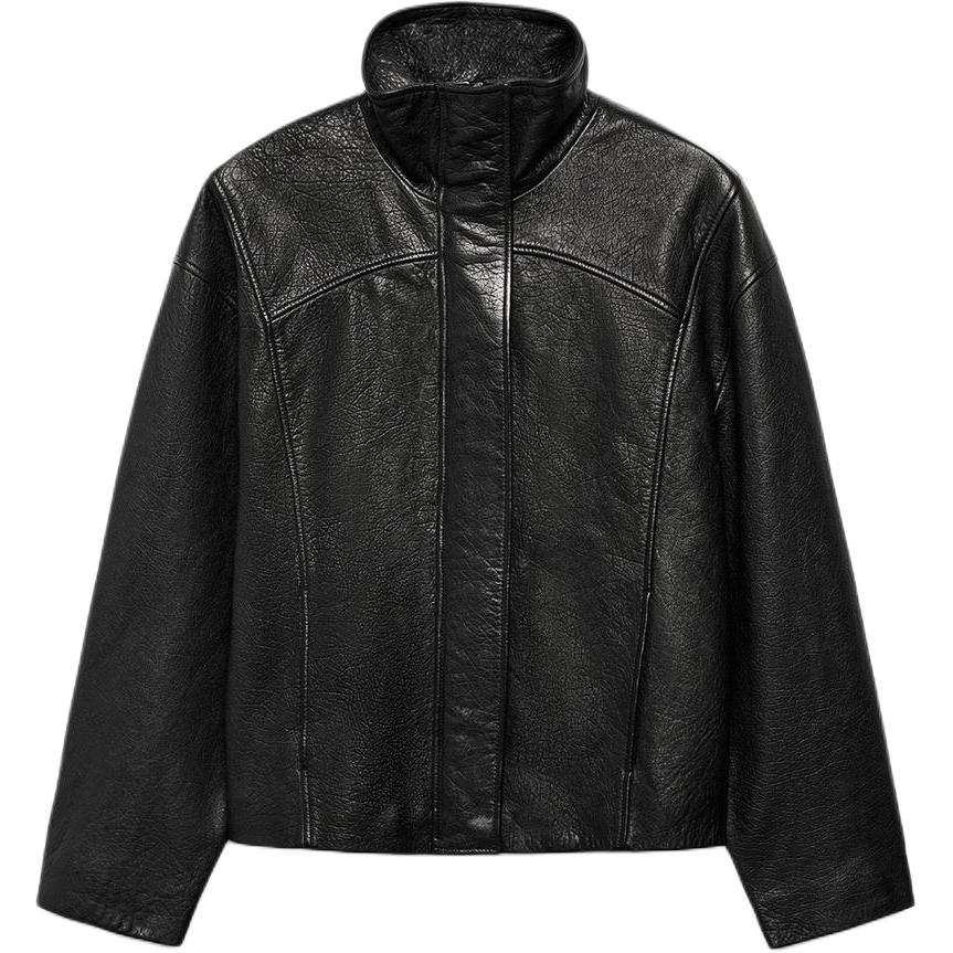 ZARA Leather Jackets Women's Black Stand Collar Moderate