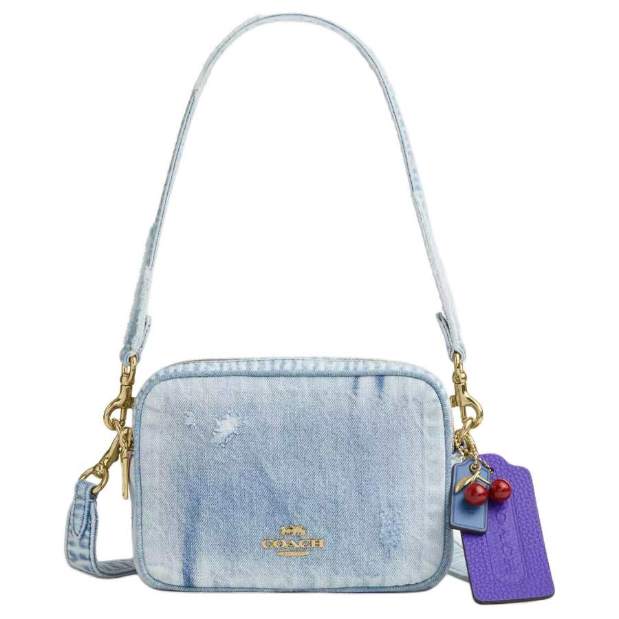COACH Denim With Smooth Leather Shoulder Bag Mini Women's Gold & Light Indigo