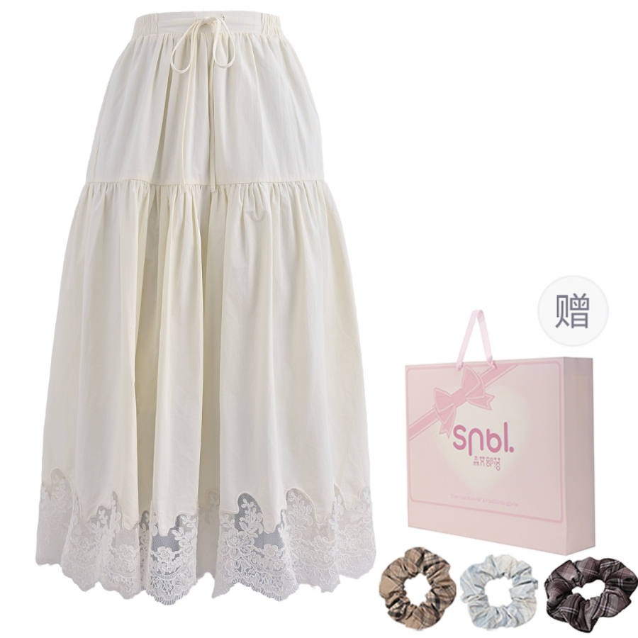 SNBL Casual Long Skirts Women's Beige Apricot Moderate Mid Length A Line Skirt
