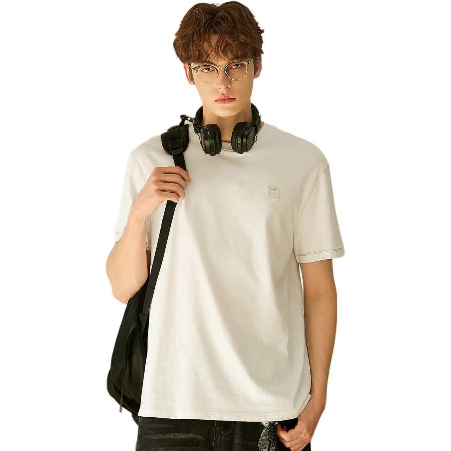 Tonlion T Shirts Men's White Crew Neck Moderate Straight Fit