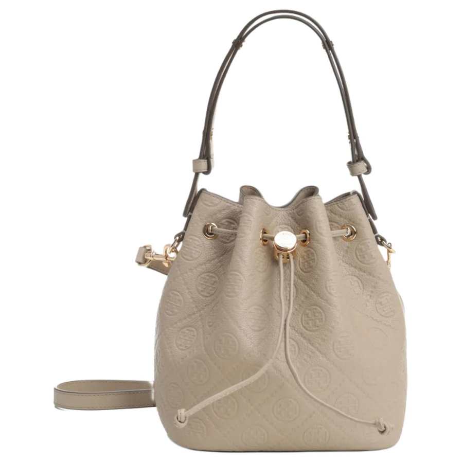 TORY BURCH T Monogram Cow Leather Bucket Bag, Crossbody Handbag Women's Pebble