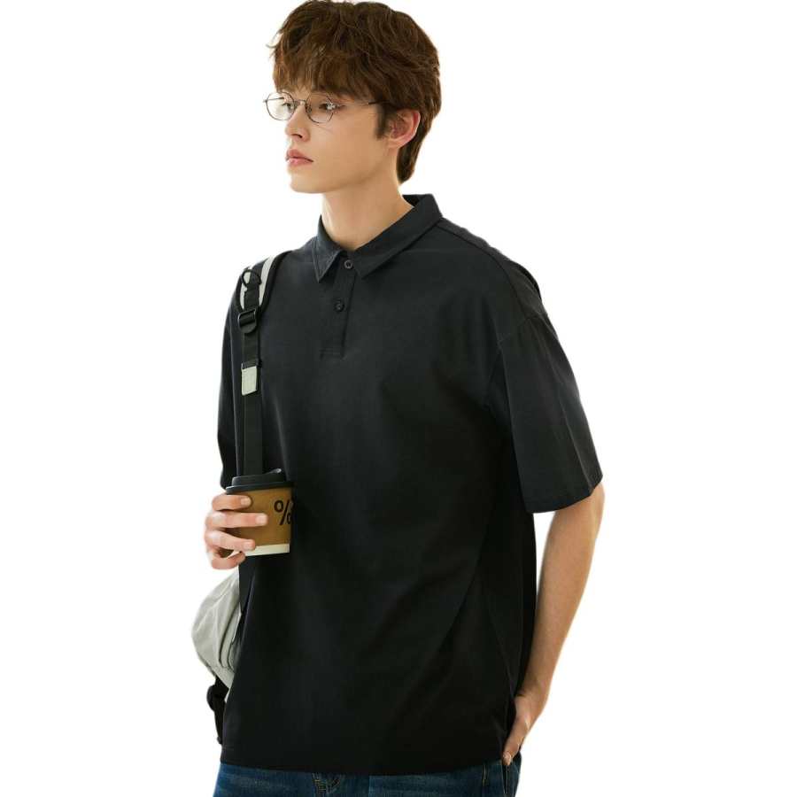 Tonlion Polo Shirts Men's Black Polo Collar Moderate Straight Fit