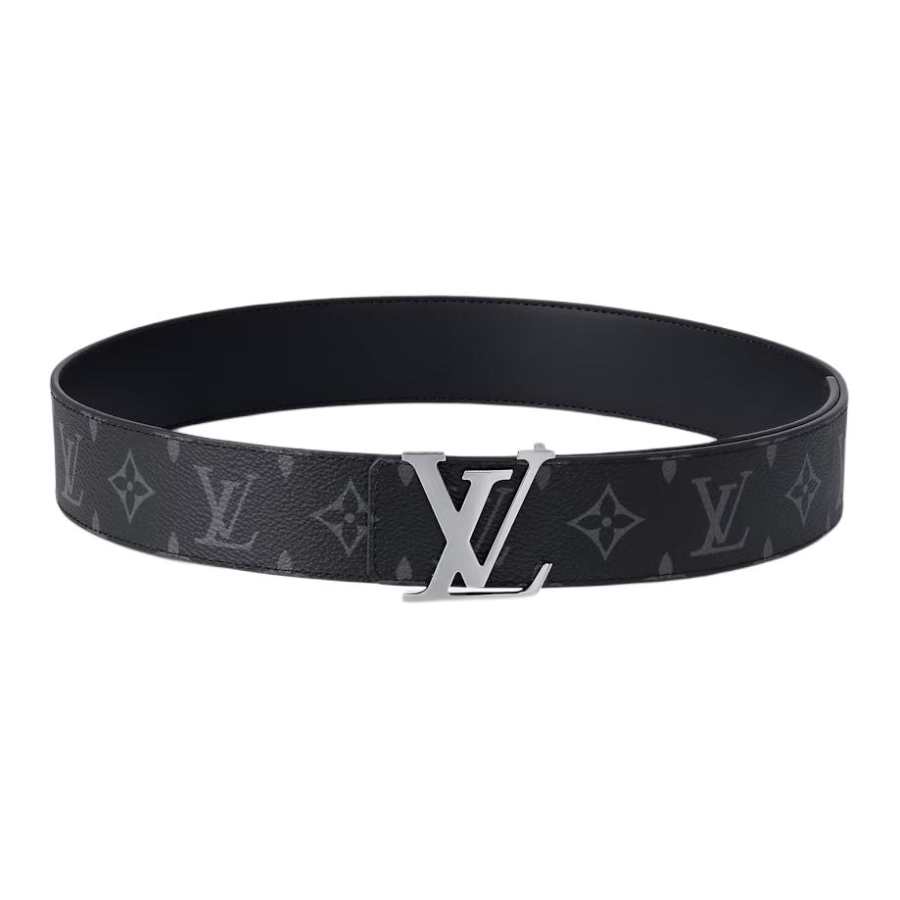LOUIS VUITTON LOUIS VUITTON Initiales Canvas Cow Leather Brass Leather Belts Men's Silver Gray/Black Width 4cm