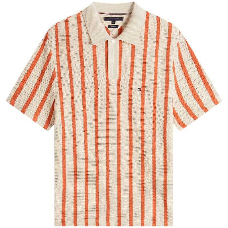 Tommy Hilfiger SS26 Knitwear Men's Orange Ecru Stripes 0DO Lapel Thin Other