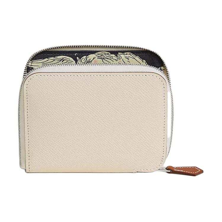 HERMES Silk'In Epsom Calfskin Wallet Women's Chalk White & Blue & Beige Grass
