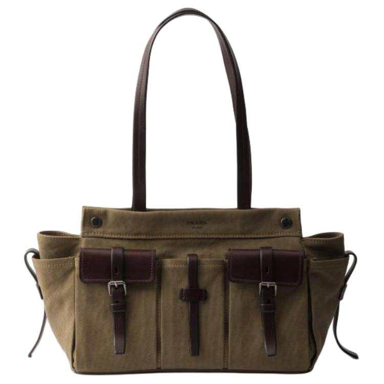 PRADA PRADA Canvas With Leather Handbag Large Unisex Army Green