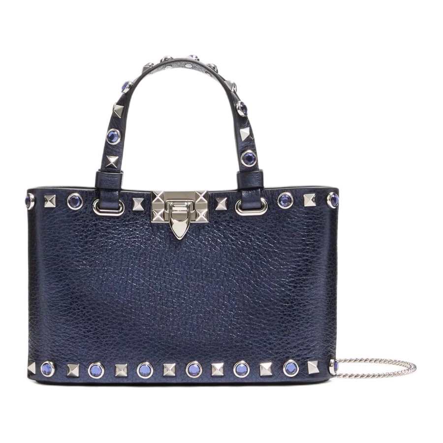 Valentino Rockstud Laminated Calfskin Handbag Mini Women's Marine Blue