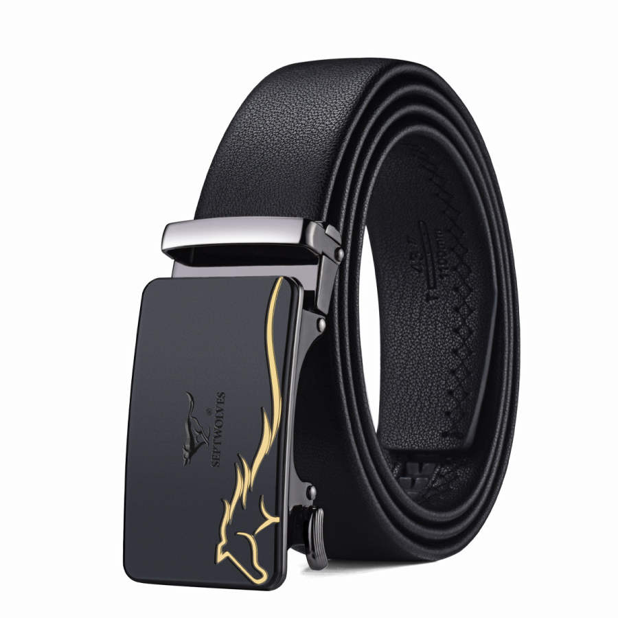 SEPTWOLVES Cow Leather Zinc Alloy Leather Belts Men's Black/Red 3.5CM