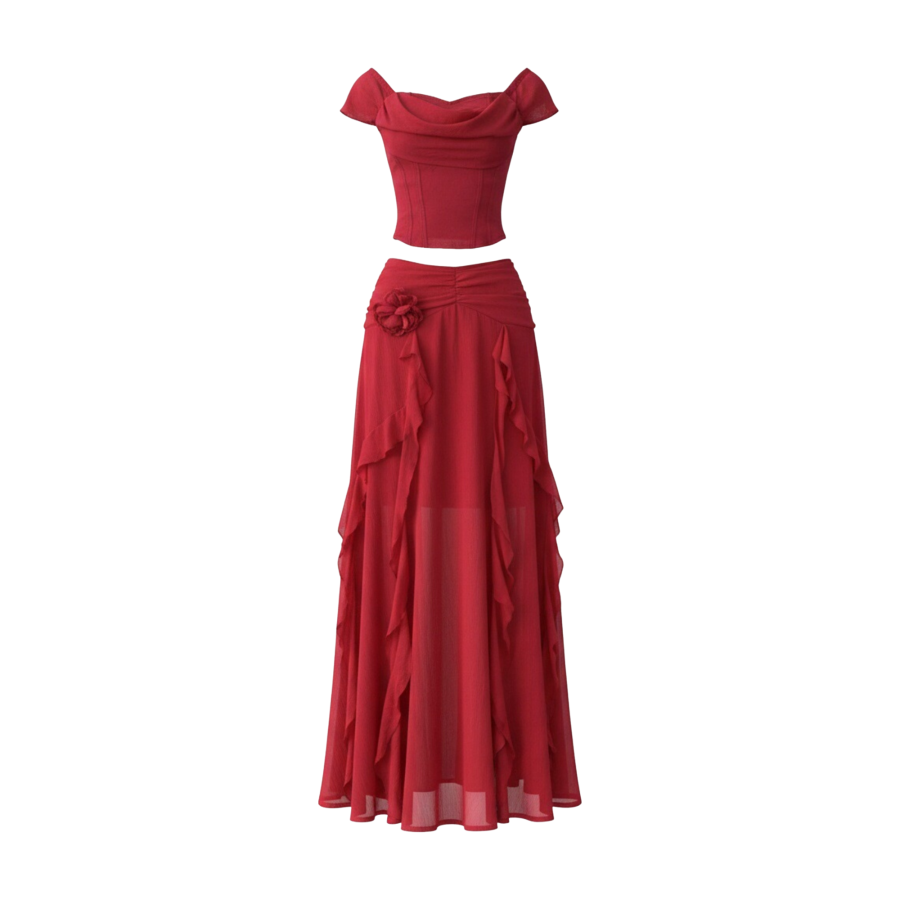 FINDSME GAGA Two Piece Skirt Sets Women's Boat Neck Thin Short