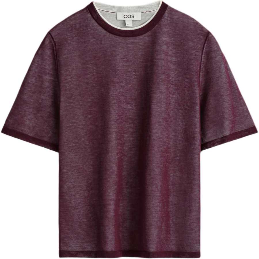 COS T Shirts Women's Burgundy/White Crew Neck