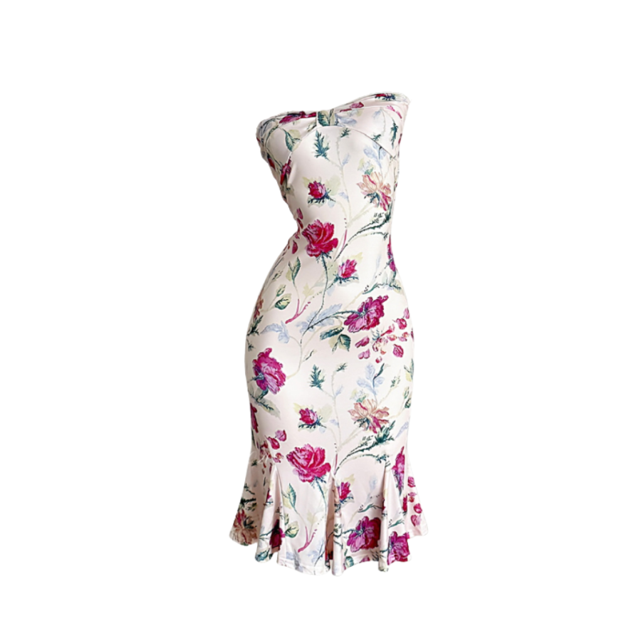 MTHE Sleeveless Dresses Women's Floral Strapless Dress Collarless Moderate Mid Length