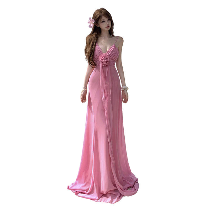 TUSHIFEI Slip Dresses Women's Girly Pink V Neck Thin Long