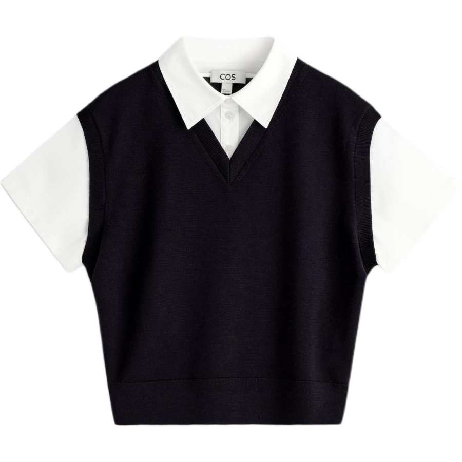 COS Shirts Women's Navy Blue/White Lapel Mock Two Piece