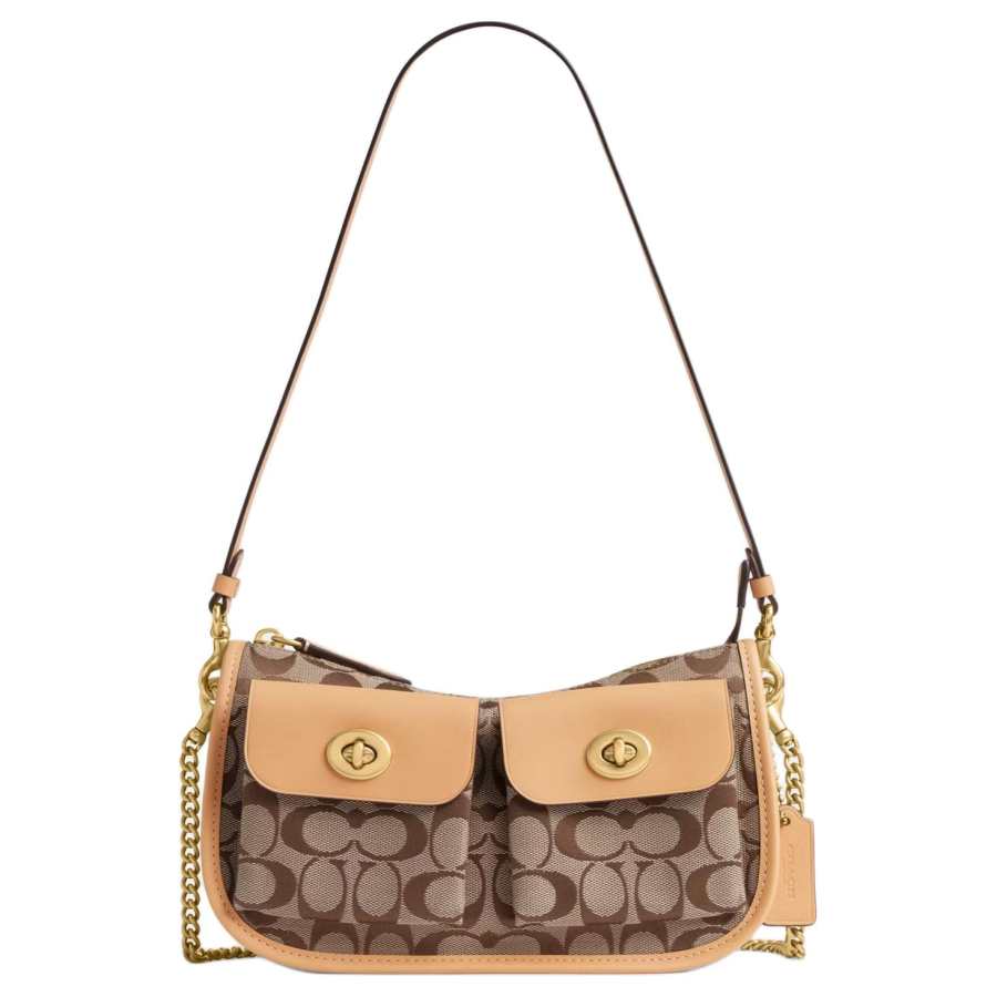 COACH TurnlockWaverly Fabric With Cow Leather Shoulder Bag Medium Women's Light Peach Khaki