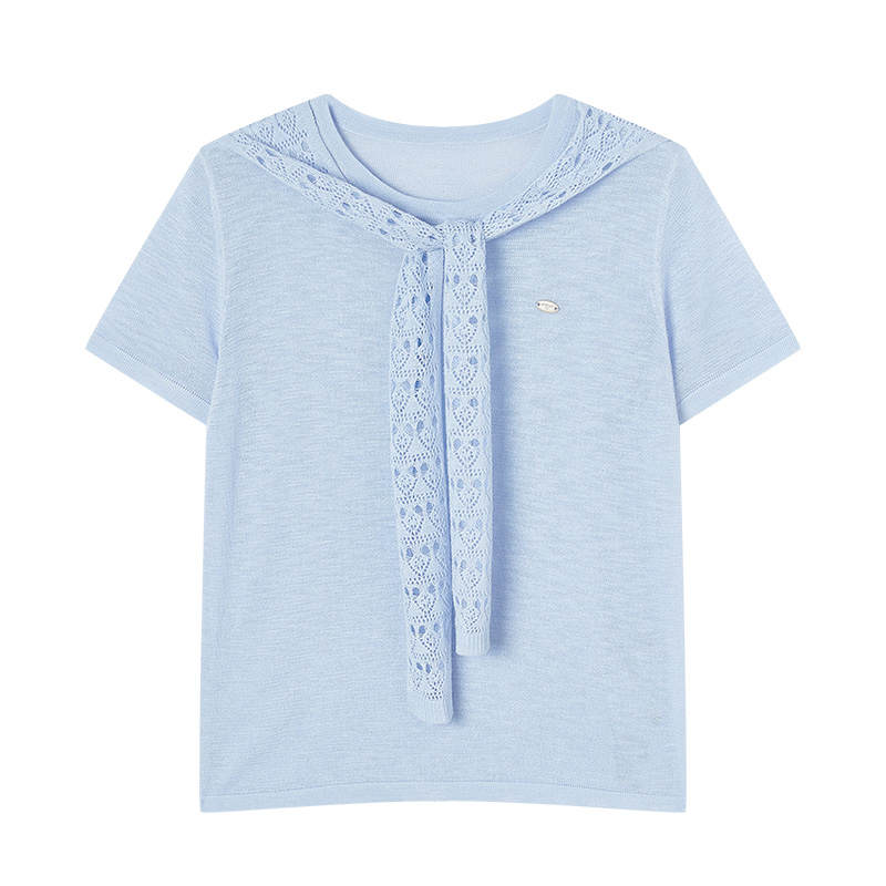 XIANGYING Knitwear Women's Nautical Blue Crew Neck Thin Mock Two Piece