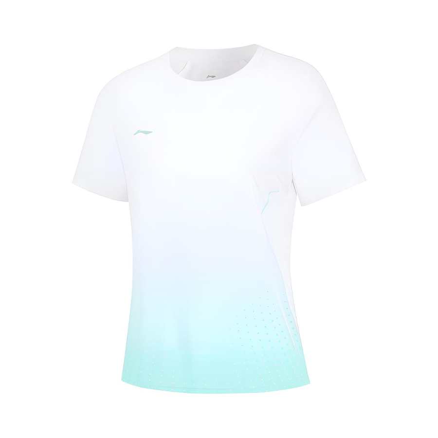 Li-Ning Li Ning T Shirts Women's White/Floating Aqua Green Crew Neck Moderate