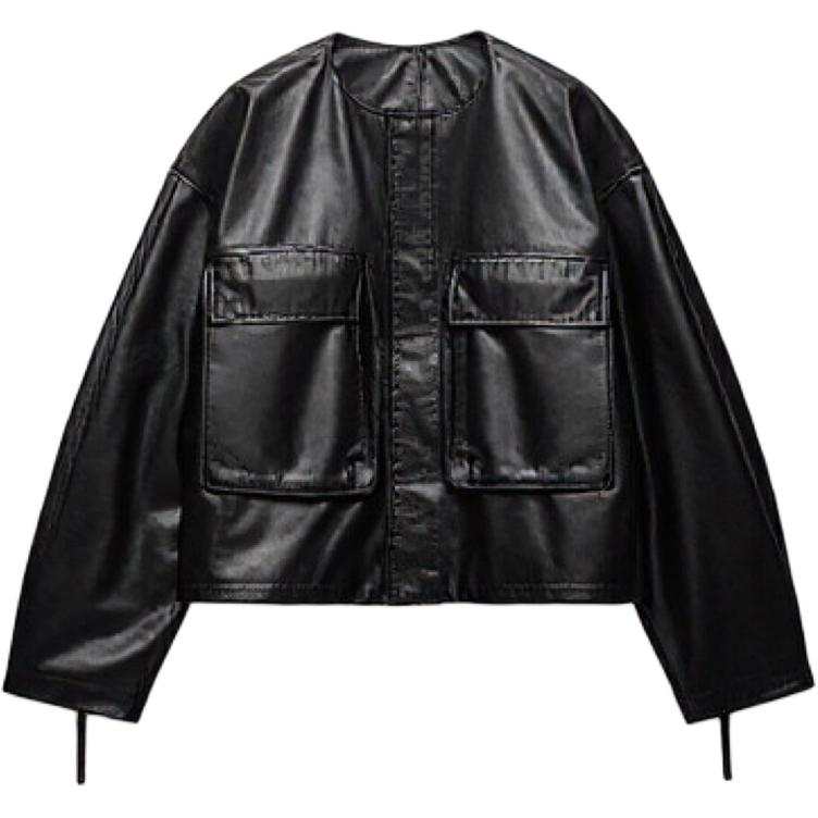 ZARA ZARA Leather Jackets Men's Black Crew Neck Moderate