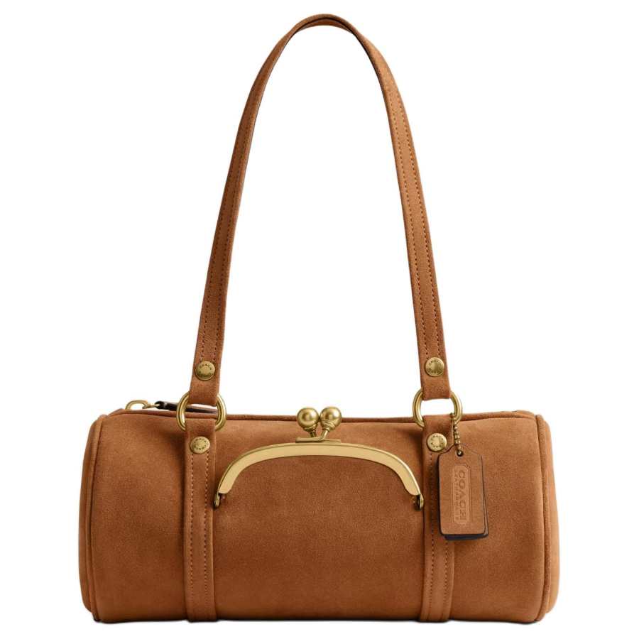 COACH BarrelKisslock Cow Split Leather Shoulder Bag Large Women's Caramel