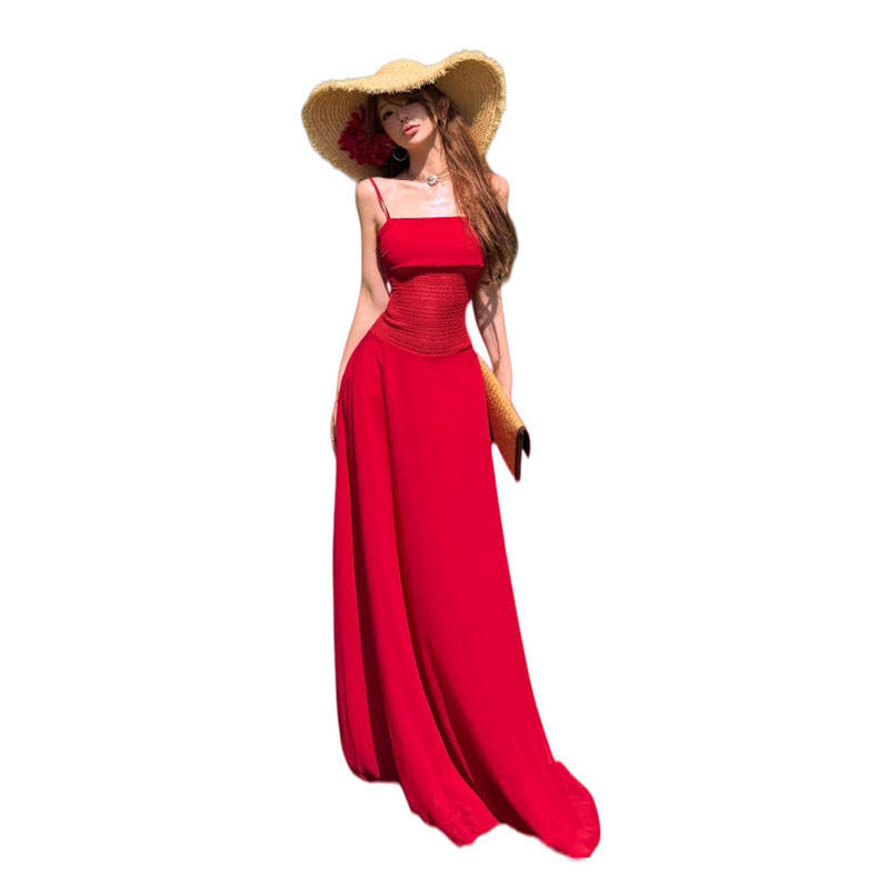 TUSHIFEI Slip Dresses Women's Red Square Collar Moderate Long