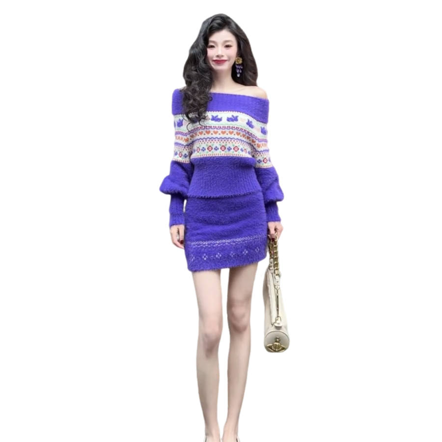 VENICEW Two Piece Skirt Sets Women's Boat Neck Moderate Extra Short