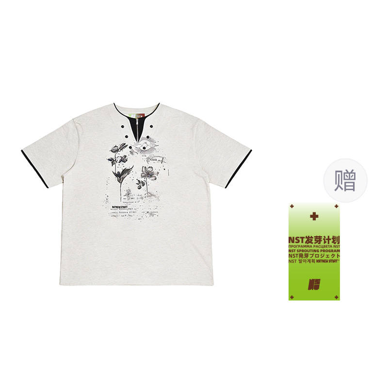 NSTNEW START T Shirts Unisex White Heather Gray Henry Collar Thin Straight Fit