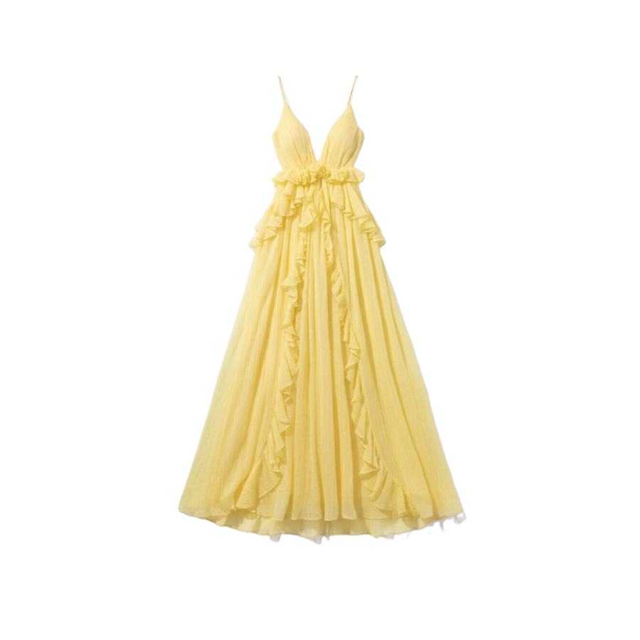 MTHE Slip Dresses Women's Yellow V Neck Moderate Long