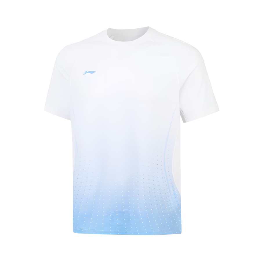 Li-Ning Li Ning T Shirts Men's White/Pink Blue Crew Neck Moderate Straight Fit