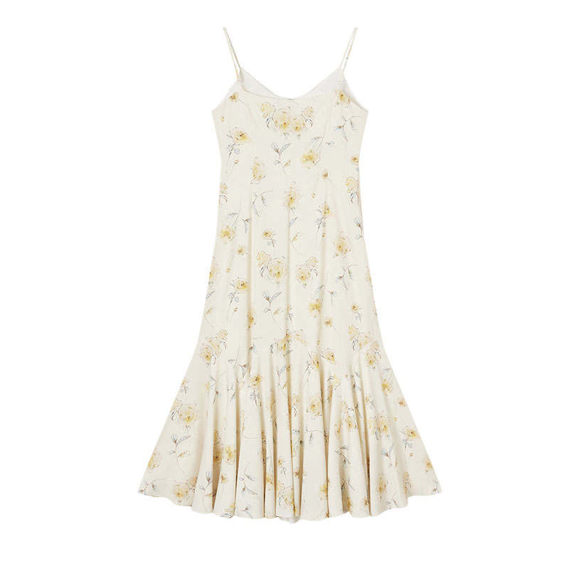 XIANGYING Slip Dresses Women's Yellow Floral V Neck Thin Long