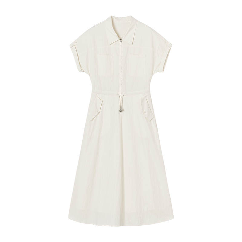 XIANGYING Short Sleeved Dresses Women's Heron White Lapel Moderate Mid Length