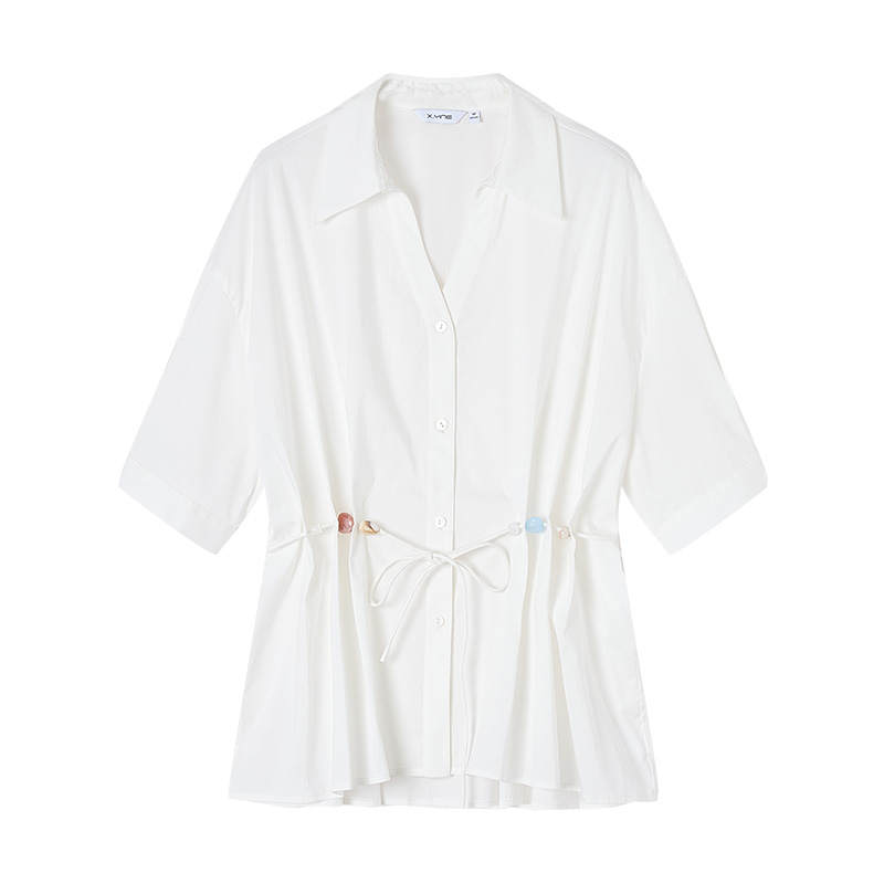 XIANGYING Shirts Women's White V Neck Moderate Nipped In Waist