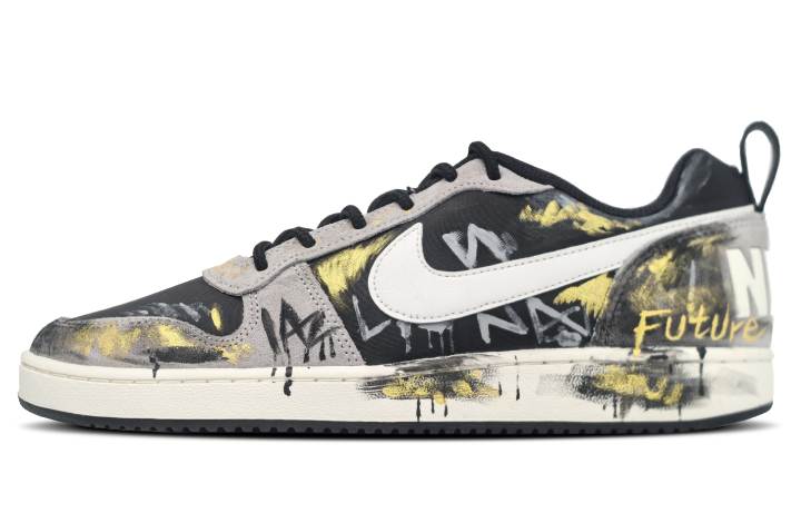 Nike Nike Court Borough Black Gold Prophecy, Distressed Graffiti Cushioning Low top Skateboard Shoes Men's Black Gray