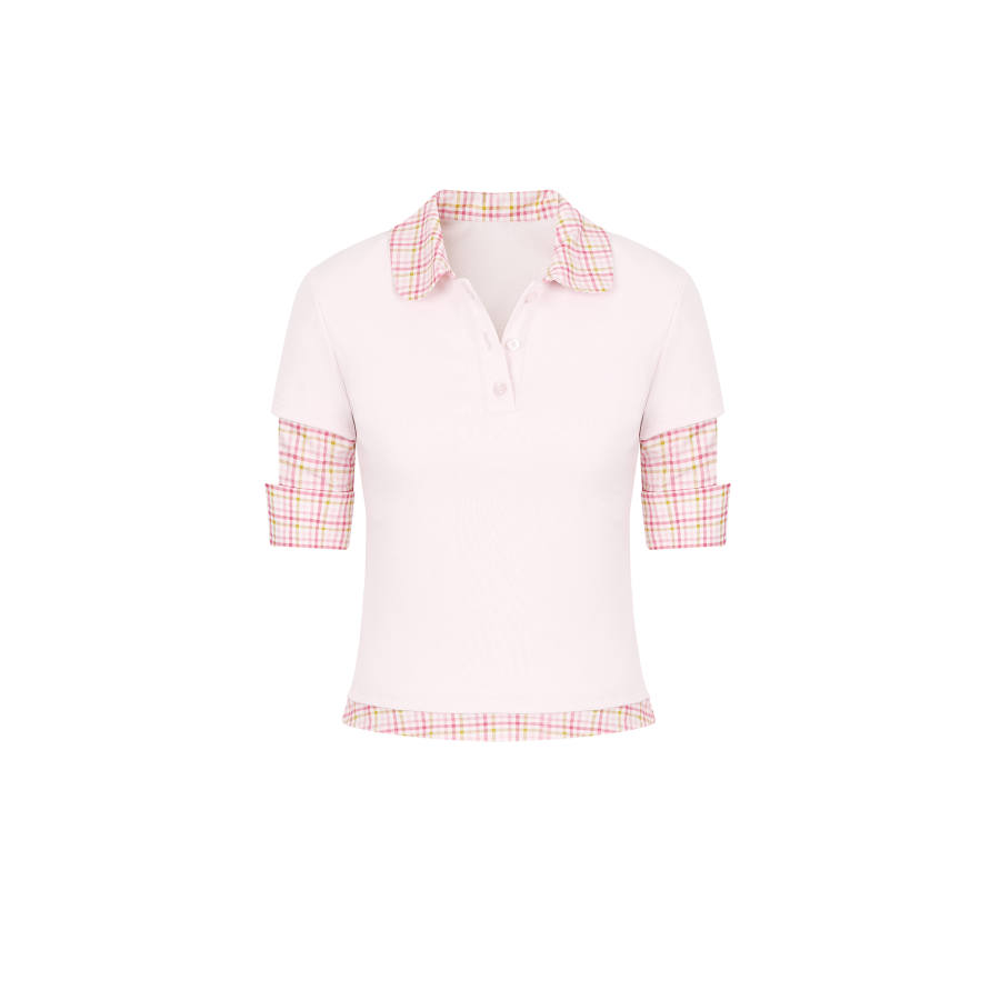 Umoumo T Shirts Women's Lapel Moderate Mock Two Piece