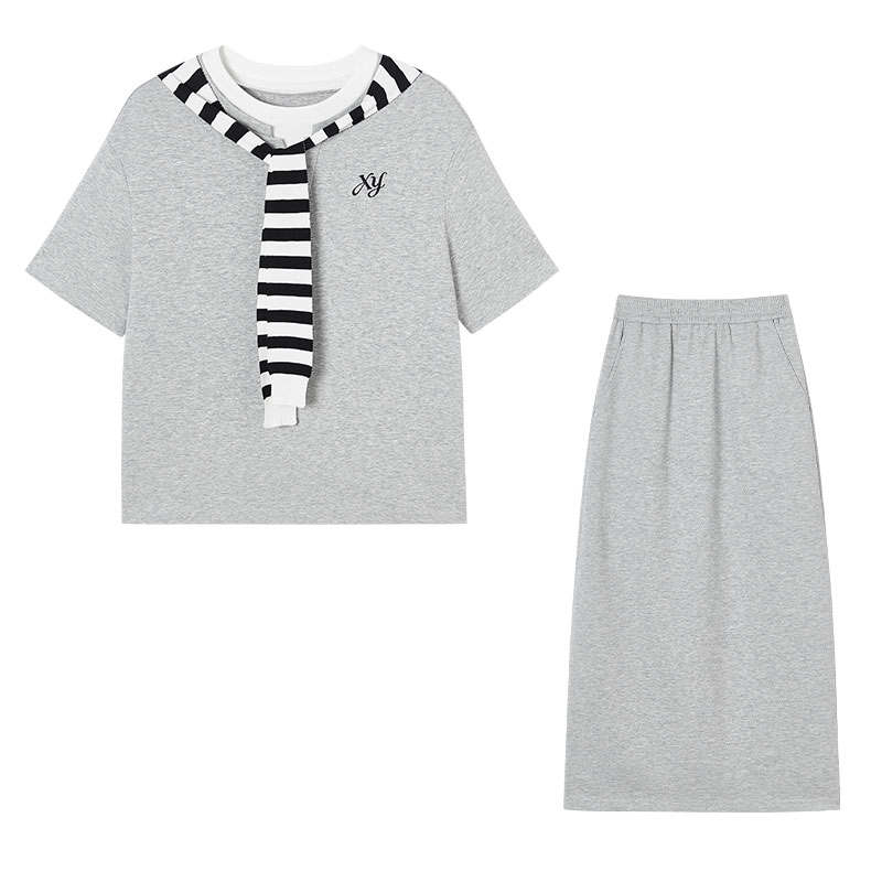 XIANGYING Casual Suits Women's Light Gray Crew Neck Moderate Mid Length