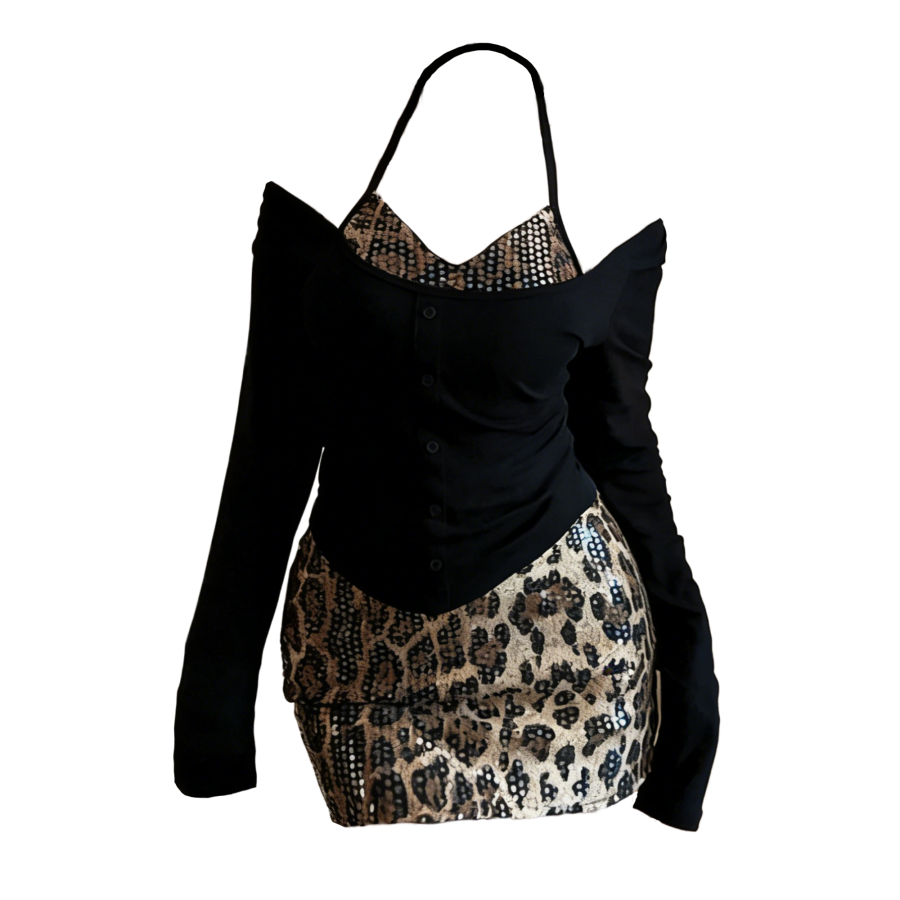 FINDSME GAGA Two Piece Skirt Sets Women's Boat Neck Thin Short